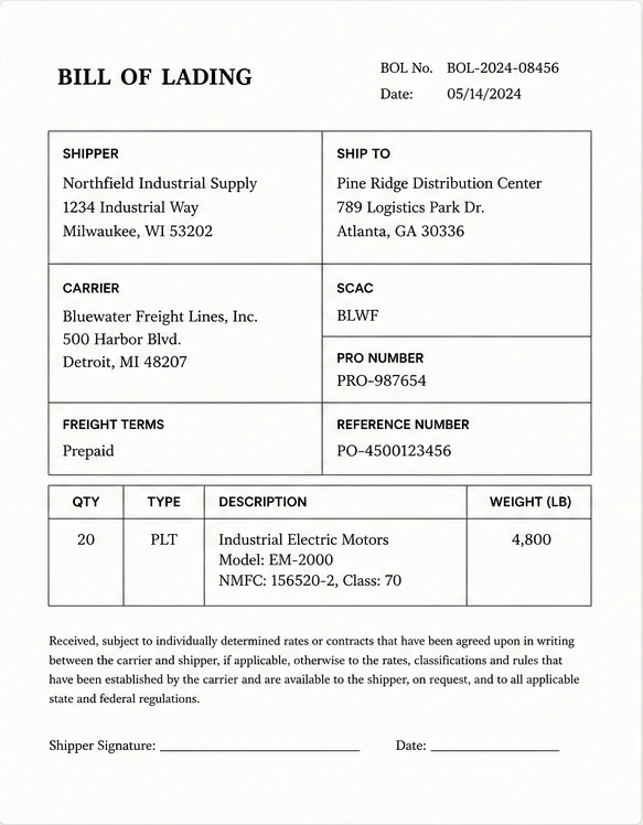 Bluewater Freight Lines bill of lading
